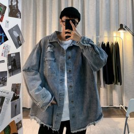 Autumn Denim Jacket With Holes Trendy Men's Loose Casual Coat Autumn Denim Jacket With Holes Trendy Men's Loose Casual Coat
