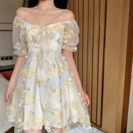 French Floral Dress Sexy Puff Sleeve Chiffon Print Women French Floral Dress Sexy Puff Sleeve Chiffon Print Women
