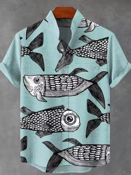Men's Summer Best-Seller: Fish-Patterned Print Casual Short-Sleeve Shirt Men's Summer Best-Seller: Fish-Patterned Print Casual Short-Sleeve Shirt
